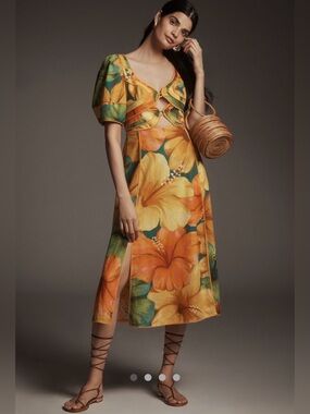 NWT FARM Rio x Anthropologie Linen Blend Short Sleeve Cutout Printed Midi Dress